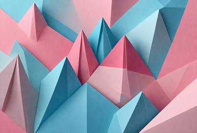The primary subject of the image is a mountain made of paper. The mountain is composed of multiple triangular shapes, creating a three-dimensional effect. The setting is a pink and blue background, which adds a vibrant and lively atmosphere to the scene. The visual style is a combination of digital art and illustration, as the paper mountain is skillfully crafted to resemble a real mountain. The colors and mood of the image are predominantly pink and blue, giving it a cheerful and uplifting v