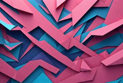 The primary subject of the image is a colorful, abstract artwork made of paper. The artwork features a combination of blue, pink, and purple colors, creating a vibrant and lively atmosphere. The setting is a wall, and the visual style appears to be a mix of digital art and illustration. The artwork is composed of various shapes and patterns, giving it a unique and eye-catching appearance.