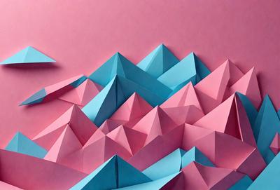 The primary subject of the image is a large, three-dimensional paper sculpture of a mountain range. The setting is a pink background, which contrasts with the vibrant colors of the paper sculpture. The visual style is a combination of digital art and illustration, creating a unique and eye-catching representation of the mountain range. The colors and mood of the image are predominantly pink and blue, giving the scene a warm and inviting atmosphere.