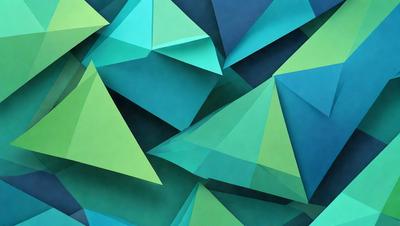 The primary subject of the image is a large, colorful, and intricate pattern made up of many small triangles. The pattern is predominantly green and blue, creating a vibrant and lively atmosphere. The setting is a blue and green background, which further enhances the visual appeal of the pattern. The visual style of the image is a combination of digital art and illustration, showcasing the artist's creativity and skill in crafting a captivating design.