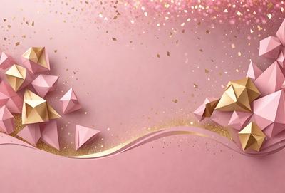 The primary subject of the image is a pink background with gold glittery confetti. The setting is a pink wall, and the visual style is a digital art or illustration. The dominant colors are pink and gold, creating a warm and festive atmosphere.