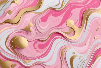 The primary subject of the image is a pink and gold paper sculpture. The setting is a pink and white background, which adds to the overall visual style. The artwork appears to be a combination of digital art and illustration, creating a unique and eye-catching design. The colors and mood of the image are predominantly pink and gold, giving it a warm and inviting atmosphere.