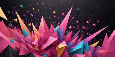 The primary subject of the image is a colorful, geometric design featuring a mix of pink, yellow, blue, and orange colors. The design is composed of various shapes and patterns, creating a visually striking and vibrant scene. The setting appears to be a dark background, which contrasts with the bright colors of the design. The visual style of the image is a combination of digital art and illustration, showcasing the artist's creativity and skill in crafting a captivating and eye-catching piece of
