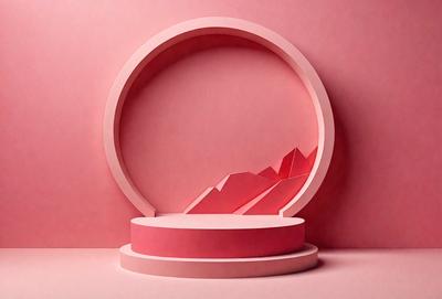 The primary subject of the image is a large, pink, circular object with a mountain-like shape inside it. The setting is a pink background, which creates a contrast with the circular object. The visual style appears to be a combination of digital art and illustration, as the mountain shape is intricately designed and the overall composition is well-executed. The colors and mood of the image are predominantly pink, which gives it a warm and inviting atmosphere.