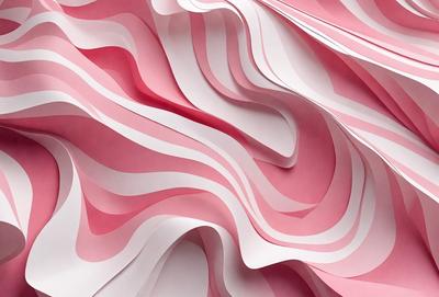 The primary subject of the image is a large, pink and white paper sculpture. The setting is a white background, which provides a clean and minimalist look. The visual style is a combination of digital art and illustration, as the paper sculpture appears to be a three-dimensional representation of a wave. The colors and mood of the image are predominantly pink and white, creating a sense of calmness and elegance.