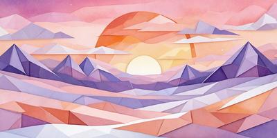 The primary subject of the image is a sunset, with the sun setting behind a mountain range. The setting is a snowy mountain landscape, and the visual style is a combination of digital art and illustration. The dominant colors are shades of pink, orange, and purple, creating a warm and serene atmosphere.