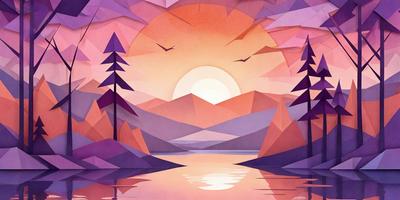 The primary subject of the image is a beautiful sunset over a body of water, with a mountain range in the background. The setting is a serene and picturesque landscape, with the sun setting behind the mountains. The visual style is a combination of digital art and illustration, creating a vibrant and captivating scene. The colors and mood of the image are warm and inviting, with the sunset casting a warm glow over the landscape.