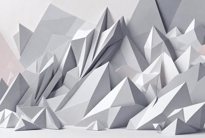 The primary subject of the image is a large, three-dimensional mountain made of paper. The mountain is the main focus of the image, and it is displayed against a white background. The visual style of the image is a combination of digital art and illustration, as the paper mountain is intricately crafted and detailed. The colors and mood of the image are predominantly white, giving it a clean and minimalist appearance.