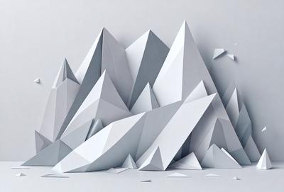 The primary subject of the image is a large, three-dimensional paper sculpture of a mountain. The setting is a white background, which provides a clean and uncluttered environment for the sculpture. The visual style is a combination of digital art and illustration, as the paper sculpture is created using a digital medium. The colors and mood of the image are predominantly white, giving it a clean and minimalist appearance.