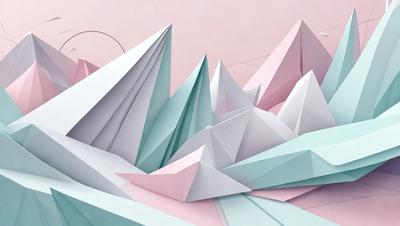 The primary subject of the image is a large, intricate paper sculpture of a mountain. The setting is a pink and blue background, which adds a vibrant and lively atmosphere to the scene. The visual style is a combination of digital art and illustration, as the paper sculpture is skillfully crafted and detailed. The colors and mood of the image are predominantly pink and blue, creating a sense of warmth and tranquility.