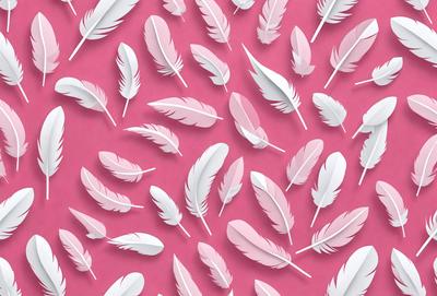 The primary subject of the image is a pattern of white feathers, which are arranged in a pink background. The visual style of the image is a combination of digital art and illustration, creating a unique and eye-catching design. The colors and mood of the image are predominantly pink and white, giving it a soft and delicate appearance.