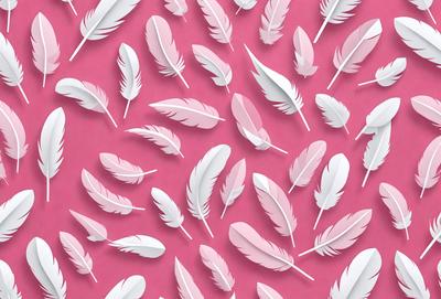 The primary subject of the image is a pattern of white feathers, which are arranged in a pink background. The visual style of the image is a combination of digital art and illustration, creating a unique and eye-catching design. The colors and mood of the image are predominantly pink and white, giving it a soft and delicate appearance.