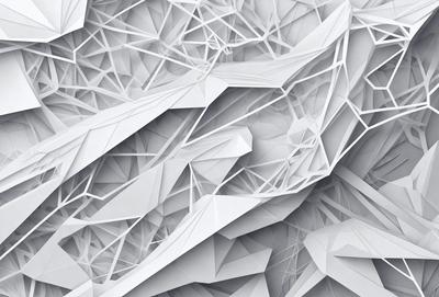 The image is a digital artwork featuring a white, geometric design. The primary subject is a large, intricate structure made up of many small, interconnected shapes. The setting is a white background, which provides a clean and minimalist appearance to the artwork. The visual style is a combination of digital art and geometric patterns, creating a unique and captivating design. The colors and mood of the image are predominantly white, giving it a clean, modern, and sophisticated feel.