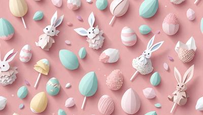 The primary subject of the image is a collection of candy bunnies and eggs. These candy bunnies and eggs are displayed in a pink and white color scheme, creating a playful and whimsical atmosphere. The setting is a pink background, which adds to the overall visual style of the image. The candy bunnies and eggs are depicted in a digital art or illustration format, showcasing the artist's creativity and attention to detail.