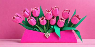 The primary subject of the image is a bouquet of pink flowers, which are arranged in a pink box. The setting is a pink background, which adds to the overall mood of the scene. The visual style of the image is a combination of photo and digital art, creating a realistic yet artistic representation of the flowers. The colors and mood of the image are predominantly pink, giving it a warm and inviting atmosphere.