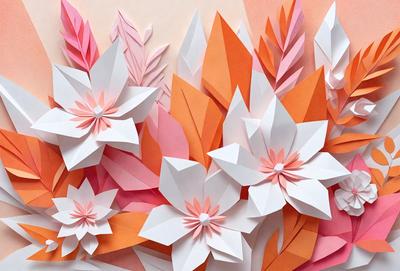 The primary subject of the image is a beautiful arrangement of paper flowers. The flowers are made of paper and are arranged in a visually appealing manner. The setting is a pink and orange background, which adds a vibrant and warm atmosphere to the scene. The visual style of the image is a combination of digital art and illustration, creating a unique and artistic representation of the paper flowers. The colors and mood of the image are predominantly pink and orange, evoking a sense of warmth and happiness.