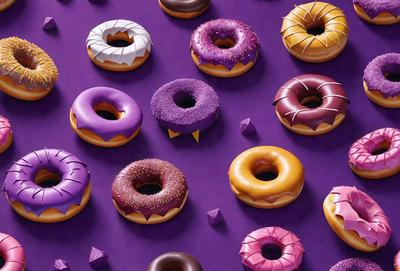 The primary subject of the image is a collection of various donuts, which are the main objects in the scene. The donuts are displayed on a purple surface, creating a visually appealing contrast with the colorful pastries. The visual style of the image is a combination of photo and digital art, as it captures the vibrant colors and textures of the donuts. The colors and mood of the image are predominantly purple and pink, giving the scene a playful and inviting atmosphere.
