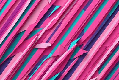 The primary subject of the image is a colorful, abstract design featuring a mix of pink, purple, and green colors. The setting is a wall with a patterned surface, which adds to the visual style of the image. The overall atmosphere is vibrant and lively, with the colors and patterns creating a dynamic and engaging visual experience.