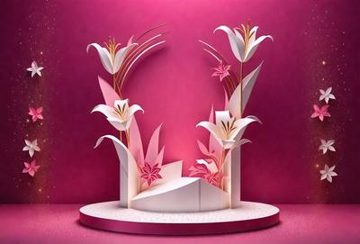 The primary subject of the image is a pink and white floral arrangement, which is a paper sculpture. The setting is a pink background, and the visual style is a combination of digital art and illustration. The colors and mood of the image are predominantly pink and white, creating a warm and inviting atmosphere.