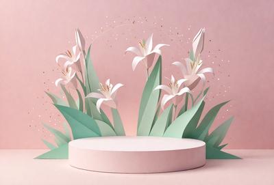 The primary subject of the image is a white flower, which is the main focus of the scene. The flower is placed on a pink surface, which serves as the background. The visual style of the image is a combination of photo and digital art, creating a realistic yet artistic representation of the flower. The dominant colors in the image are white and pink, giving the scene a clean and elegant appearance.