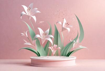 The primary subject of the image is a beautifully crafted paper flower arrangement. The setting is a pink background, which adds a touch of elegance to the scene. The visual style is a combination of digital art and illustration, creating a realistic and intricate design. The colors and mood of the image are predominantly pink, which evokes a sense of warmth and femininity.