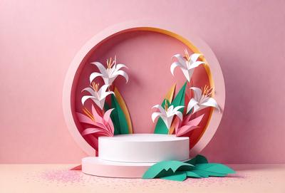 The primary subject of the image is a white cake with pink and green decorations, placed on a pink surface. The cake is surrounded by a variety of flowers, including white and pink ones, creating a visually appealing and colorful scene. The setting appears to be a creative and artistic environment, possibly a display or an artistic arrangement. The visual style of the image is a combination of digital art and illustration, with the use of vibrant colors and intricate flower designs. The overall atmosphere