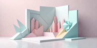The primary subject of the image is a 3D model of a city, showcasing a pink, blue, and yellow color scheme. The setting is a white table, and the visual style is a combination of digital art and illustration. The colors and mood of the image are vibrant and lively, creating a sense of excitement and energy.