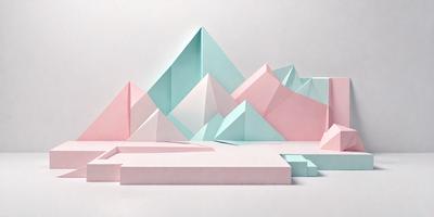 The primary subject of the image is a large, three-dimensional paper sculpture of a mountain. The setting is a white surface, which serves as a backdrop for the sculpture. The visual style is a combination of digital art and illustration, as the paper sculpture is created using a digital medium. The colors and mood of the image are predominantly pink and blue, giving the scene a vibrant and lively atmosphere.