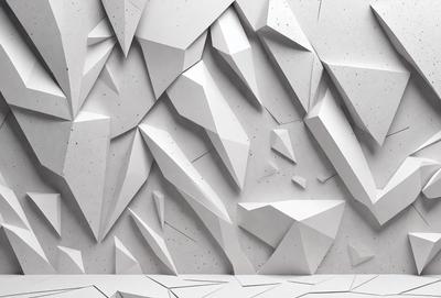 The primary subject of the image is a white wall with a unique design. The wall features a pattern of triangles, giving it a modern and artistic appearance. The setting is a room with a white wall, and the visual style is a combination of digital art and illustration. The colors and mood of the image are predominantly white, creating a clean and minimalist atmosphere.