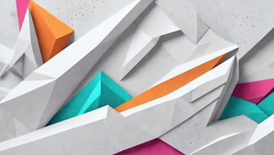 The primary subject of the image is a colorful, abstract artwork featuring a combination of blue, orange, and pink colors. The setting is a white wall, which serves as the background for the artwork. The visual style appears to be a mix of digital art and illustration, creating a unique and eye-catching design. The colors and mood of the artwork are vibrant and lively, evoking a sense of energy and creativity.