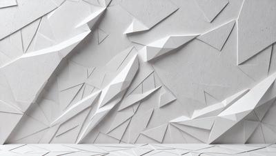 The primary subject of the image is a white wall with a unique and intricate design. The wall features a pattern of triangles, creating a visually striking and artistic appearance. The setting is a room with the wall as the main focus, and the visual style is a combination of digital art and illustration. The colors and mood of the image are predominantly white, giving it a clean and minimalist feel.