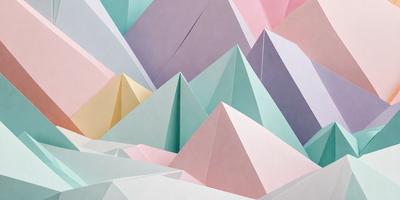 The primary subject of the image is a mountain made of paper. The mountain is composed of various shades of pink, blue, and green, creating a visually appealing and colorful scene. The setting is a mountainous landscape, with the paper mountain as the main focus. The visual style of the image is a combination of digital art and illustration, showcasing the intricate details of the paper mountain. The overall atmosphere of the image is vibrant and lively, with the paper mountain standing out against the backdrop
