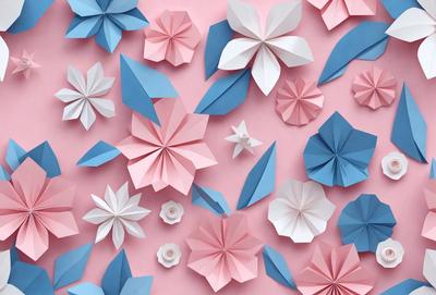 The primary subject of the image is a collection of paper flowers, which are displayed on a pink background. The flowers are made from paper and are arranged in various shapes and sizes. The visual style of the image is a combination of photo and digital art, creating a realistic yet artistic representation of the paper flowers. The colors and mood of the image are predominantly pink, which adds a sense of warmth and softness to the scene.