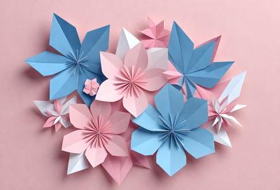 The primary subject of the image is a collection of paper flowers, which are displayed in various colors and shapes. The flowers are arranged on a pink surface, creating a visually appealing and vibrant scene. The visual style of the image is a combination of photo and digital art, as the flowers are created using paper and then digitally arranged on the pink surface. The colors and mood of the image are predominantly pink and vibrant, giving the impression of a lively and cheerful atmosphere.