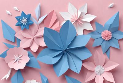 The primary subject of the image is a collection of blue and pink paper flowers. These flowers are arranged in various shapes and sizes, creating a visually appealing display. The setting is a pink background, which provides a contrasting and complementary color to the flowers. The visual style of the image is a combination of digital art and illustration, as the flowers are created using paper and then digitally arranged and manipulated. The colors and mood of the image are predominantly pink and blue, giving it a warm and