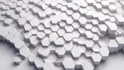 The primary subject of the image is a white wall with a pattern of hexagonal shapes. The setting is a white room, and the visual style appears to be a combination of a photo and digital art. The dominant colors are white and gray, creating a clean and minimalist atmosphere.