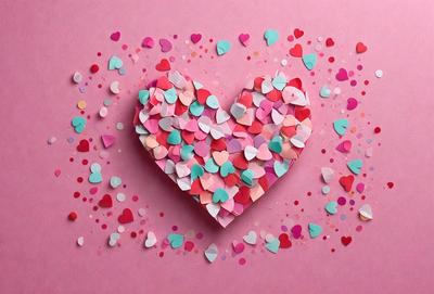 The primary subject of the image is a heart-shaped paper cutout, which is placed on a pink background. The heart is made up of various colored paper hearts, creating a visually appealing and colorful design. The setting is a pink surface, which adds to the overall mood and atmosphere of the image. The visual style of the image is a combination of digital art and paper cutouts, resulting in a unique and creative presentation.