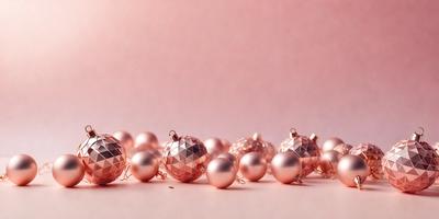 The primary subject of the image is a row of pink ornaments, which are likely Christmas ornaments. They are arranged on a pink surface, creating a visually appealing and festive scene. The setting appears to be a table or a similar surface, providing a clean and organized backdrop for the ornaments. The visual style of the image is a close-up of the ornaments, allowing the viewer to appreciate the details and colors of the pink ornaments. The overall atmosphere of the image is warm, inviting