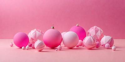The primary subject of the image is a group of pink Christmas ornaments. The ornaments are arranged in a visually appealing manner, creating a festive and joyful atmosphere. The setting is a pink background, which complements the color of the ornaments. The visual style of the image is a combination of photo and digital art, giving it a unique and creative appearance. The colors and mood of the image are predominantly pink, which is associated with warmth, love, and celebration during the hol