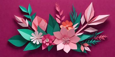 The primary subject of the image is a beautifully crafted paper flower arrangement. The setting is a purple background, which adds a touch of elegance to the scene. The visual style is a combination of digital art and illustration, creating a unique and eye-catching design. The colors and mood of the image are predominantly pink, which gives the arrangement a warm and inviting atmosphere.