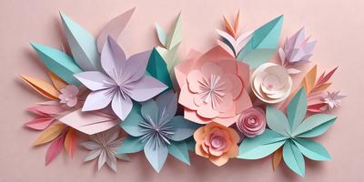 The primary subject of the image is a beautiful arrangement of paper flowers. The flowers are made from various colored paper, creating a vibrant and colorful display. The setting is a pink background, which adds to the overall atmosphere of the image. The visual style is a combination of digital art and illustration, as the paper flowers are skillfully crafted and arranged. The colors and mood of the image are lively and cheerful, with the bright colors of the flowers and the pink background creating a warm and inviting atmosphere