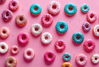 The primary subject of the image is a collection of various colored donuts. The donuts are arranged in a visually appealing manner, creating a sense of abundance and variety. The setting is a pink background, which adds a touch of warmth and vibrancy to the scene. The visual style of the image is a combination of photo and digital art, resulting in a realistic yet artistic representation of the donuts. The colors and mood of the image are predominantly warm and inviting, with the p