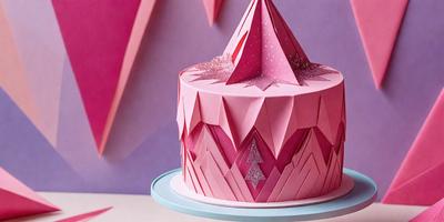 The primary subject of the image is a pink cake with a paper crown on top. The cake is placed on a blue plate, which is sitting on a table. The setting appears to be a dining table, and the visual style is a combination of photo and digital art. The colors in the image are predominantly pink, which gives the cake a warm and inviting appearance.