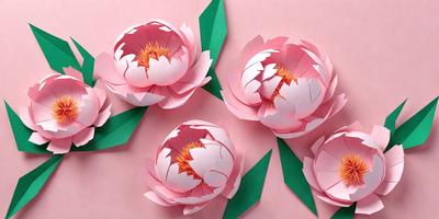 The primary subject of the image is a group of three pink flowers with yellow centers, arranged on a pink surface. The flowers are made of paper, giving them a delicate and artistic appearance. The setting appears to be a studio or workspace, where the artist has created these beautiful paper flowers. The visual style is a combination of digital art and illustration, as the flowers are skillfully crafted and presented in a visually appealing manner. The colors and mood of the image are predominantly pink and