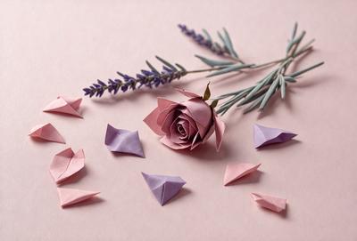 The primary subject of the image is a pink rose with purple petals, placed on a pink surface. The setting is a pink background, and the visual style is a photo. The rose is surrounded by purple and pink paper cranes, creating a warm and inviting atmosphere.