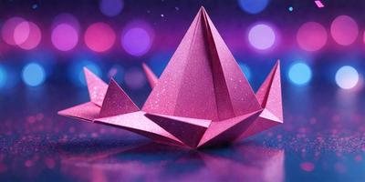 The primary subject of the image is a pink paper crane, which is the main object, scene, or focus of the image. The setting/background features a purple background, which adds to the overall atmosphere of the image. The visual style of the image is a photo, showcasing the paper crane in detail. The colors and mood of the image are predominantly pink and purple, creating a warm and inviting atmosphere.