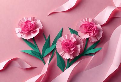 The primary subject of the image is a group of three pink flowers, each with a green stem, arranged on a pink background. The flowers are made of paper, giving the scene a creative and artistic visual style. The colors in the image are predominantly pink and green, creating a warm and inviting atmosphere.