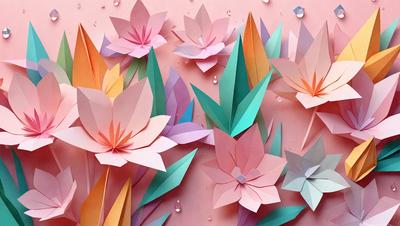 The primary subject of the image is a group of colorful paper flowers, which are displayed in various shades of pink, purple, and green. The flowers are arranged in a visually appealing manner, creating a vibrant and lively scene. The setting is a pink background, which provides a contrasting and complementary color to the flowers. The visual style of the image is a combination of digital art and illustration, as the paper flowers are skillfully crafted and presented in a realistic manner. The colors