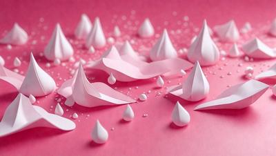The primary subject of the image is a collection of white paper flowers, which are arranged on a pink surface. The setting appears to be a table or a similar surface, with the flowers placed on it. The visual style of the image is a combination of digital art and illustration, as the paper flowers are created using paper and then digitally manipulated to achieve the desired appearance. The colors and mood of the image are predominantly pink, which gives the scene a warm and inviting atmosphere.