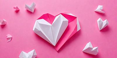 The primary subject of the image is a heart-shaped paper cutout. The heart is pink and is placed on a pink background. The visual style of the image is a combination of photo and digital art, as it appears to be a close-up of the heart cutout. The colors and mood of the image are predominantly pink, creating a warm and affectionate atmosphere.